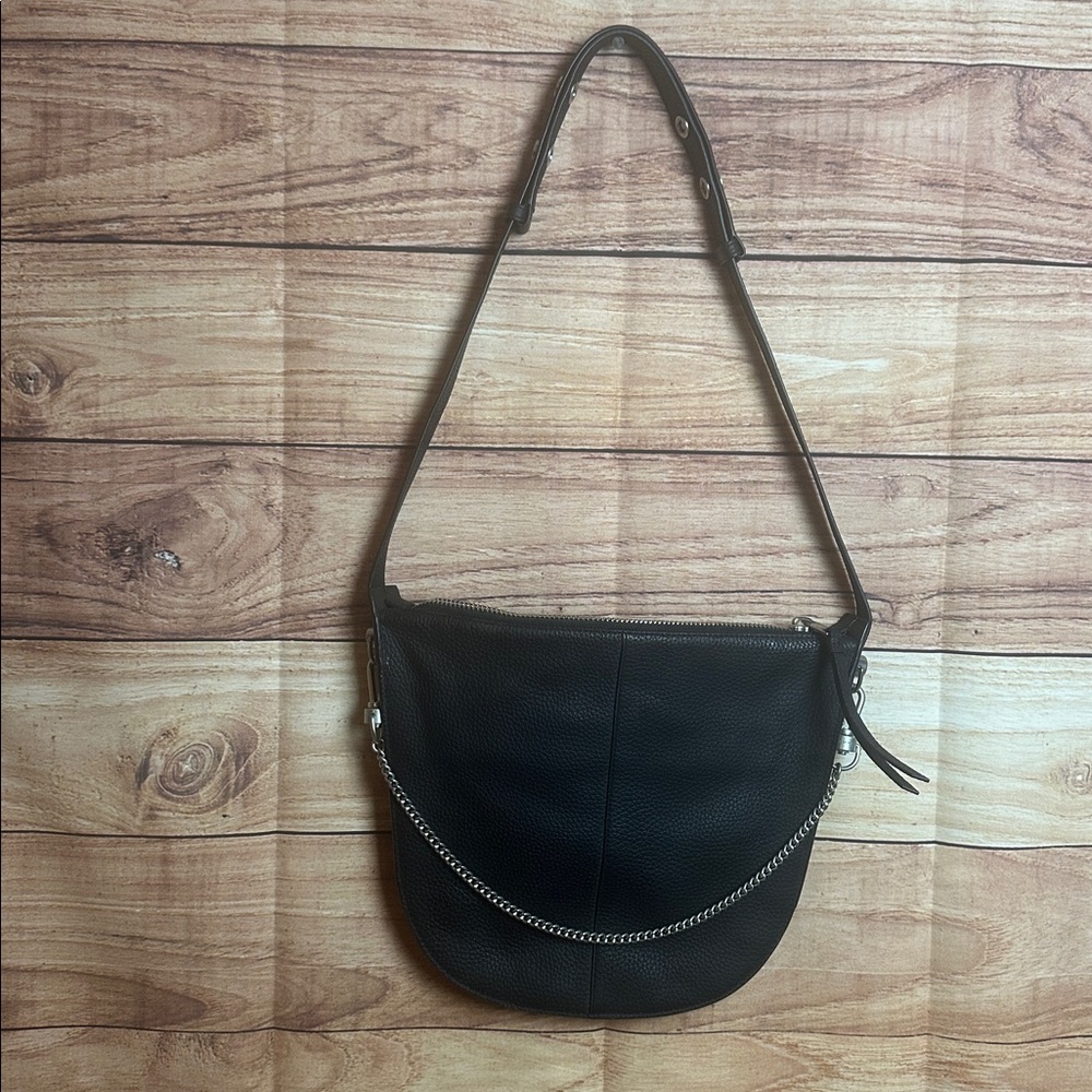 All Saints Black Leather Shoulder Bag with Chain Detail